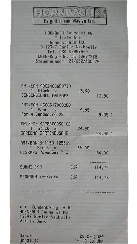 Hornbach Kassenbon – Gartenartikel, 114,75 Euro