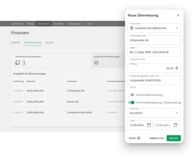 Lexware Office Mandanten-Überweisungen mit automatischem Kontaktvorschlag